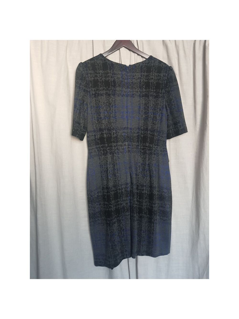 Betsey Johnson Plaid Sheath Dress Blue Black Short Sleeve Midi Knit